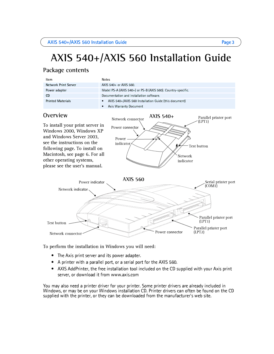 Axis Communications 560, 540+ manual Package contents, Overview 