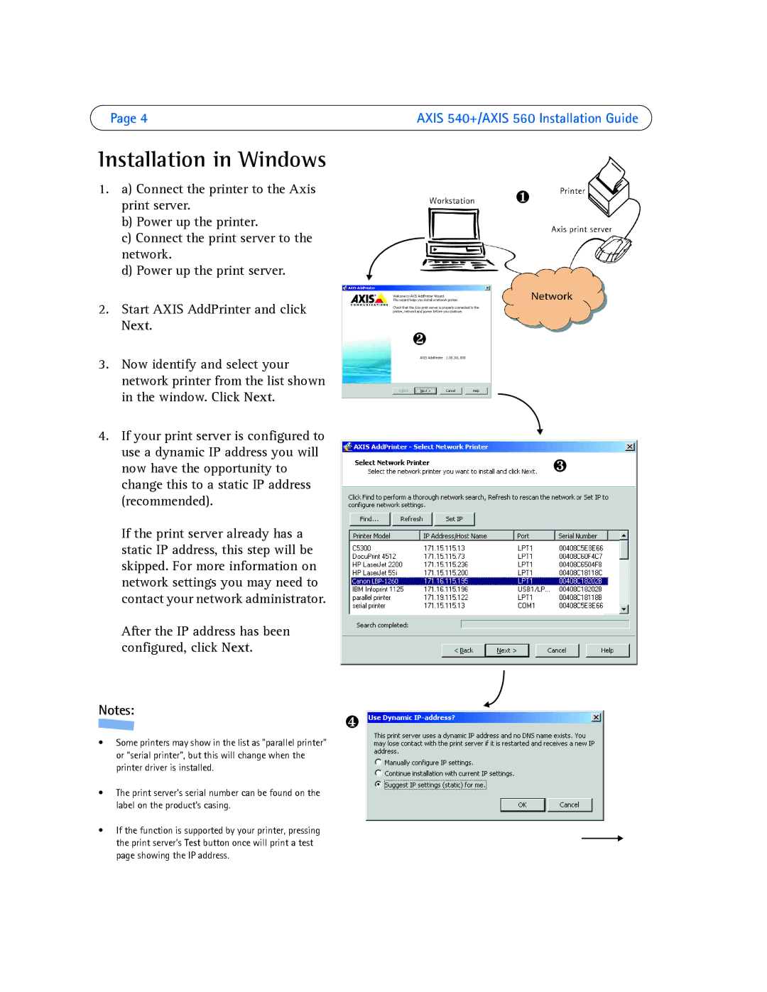 Axis Communications 540+, 560 manual Installation in Windows, After the IP address has been configured, click Next 