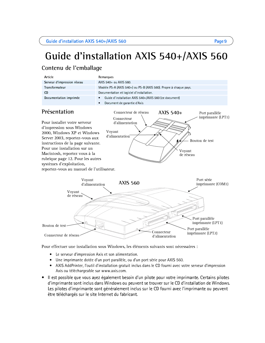 Axis Communications 560 Contenu de l’emballage, Présentation, Article Remarques, Transformateur, Documentation imprimée 