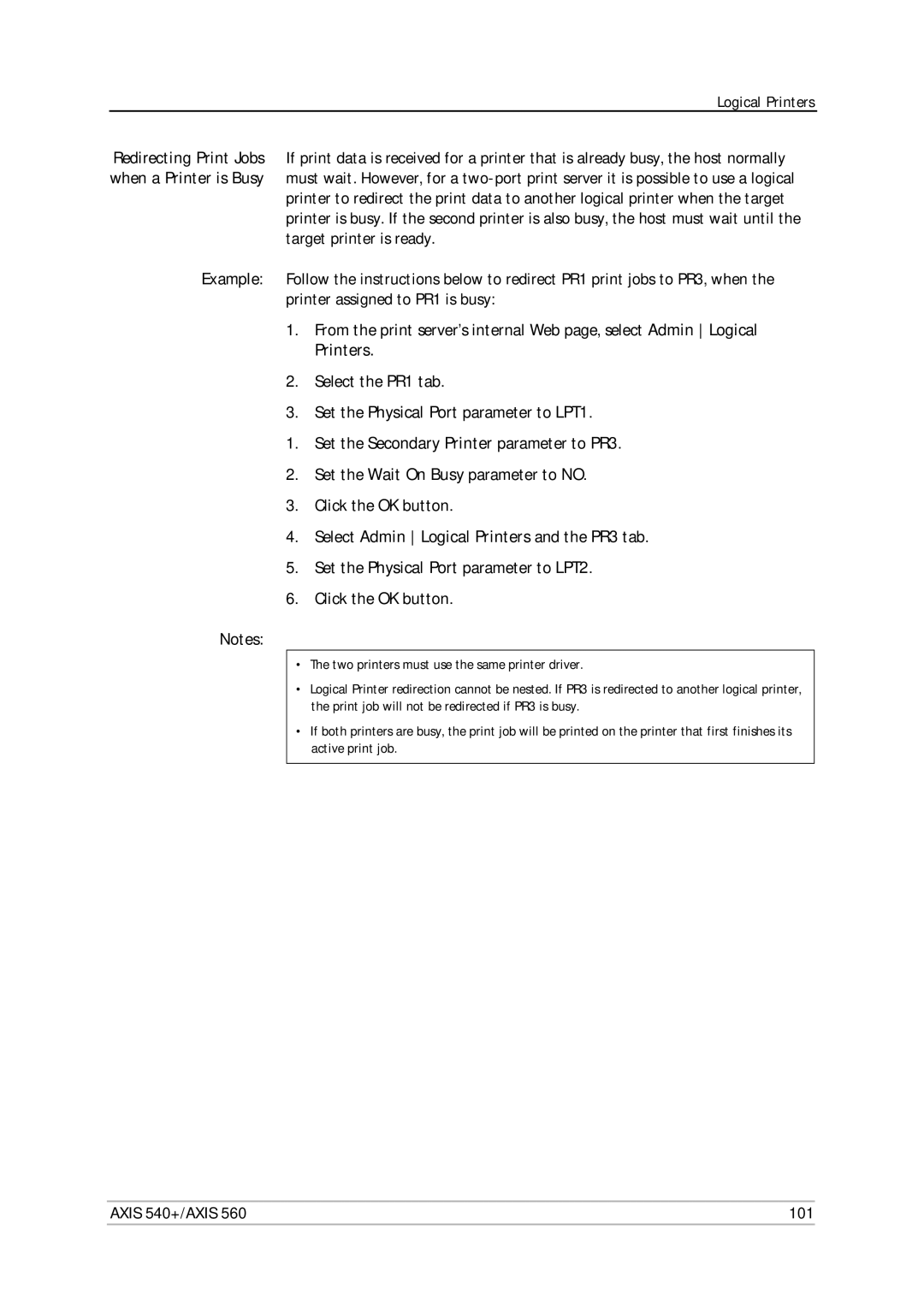 Axis Communications 560 user manual Select Admin Logical Printers and the PR3 tab, Axis 540+/AXIS 101 