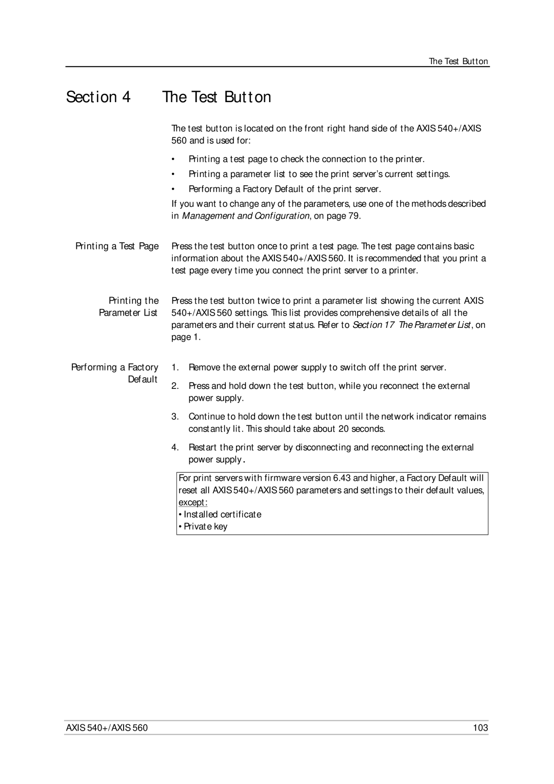 Axis Communications 560 user manual Test Button, Axis 540+/AXIS 103 