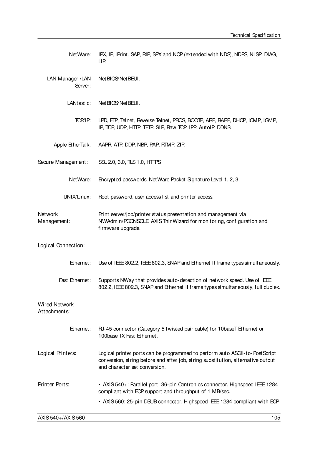 Axis Communications 560, 540+ Secure Management, Logical Connection, Wired Network Attachments, Logical Printers 