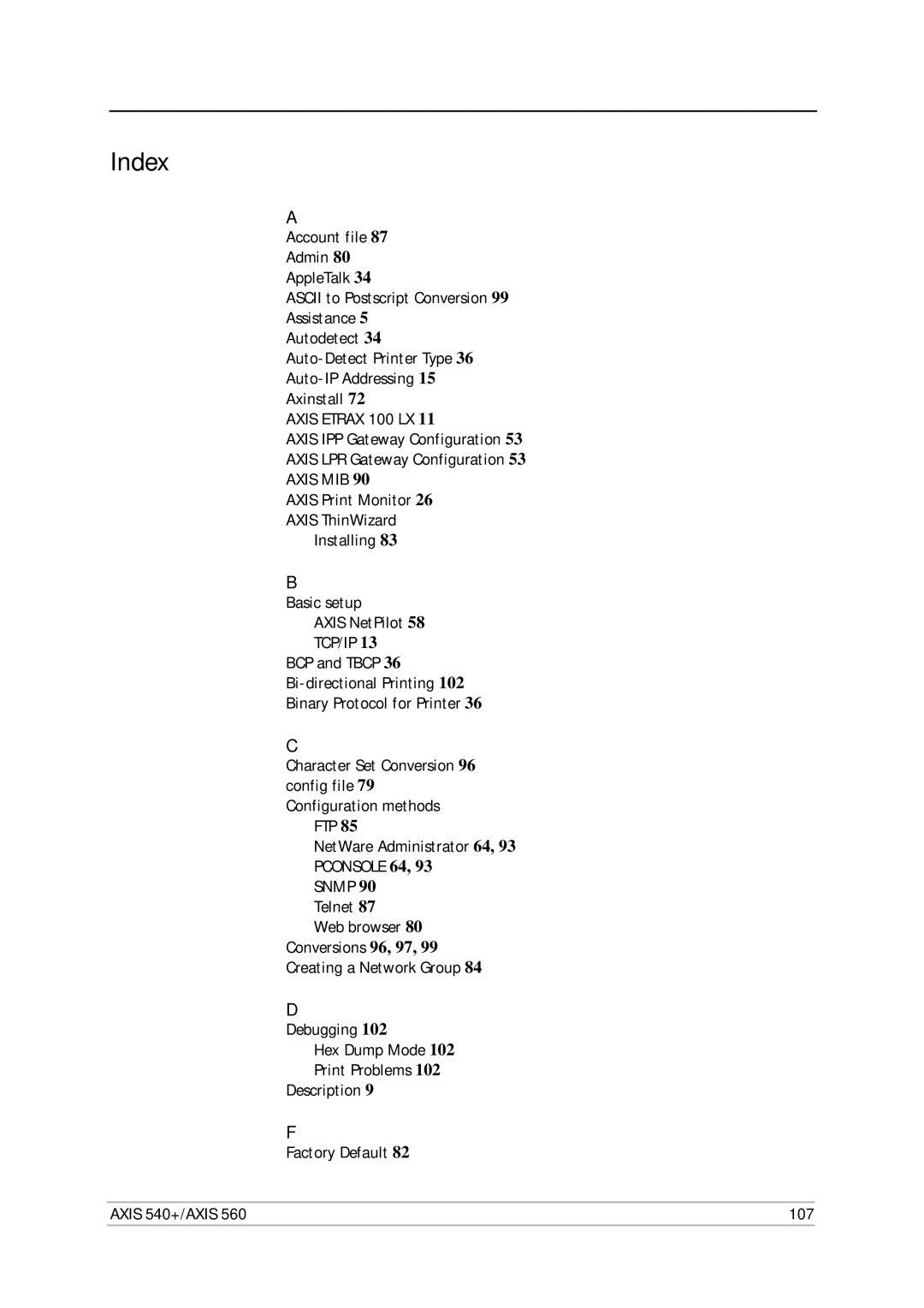 Axis Communications 560, 540+ user manual Index, Telnet 