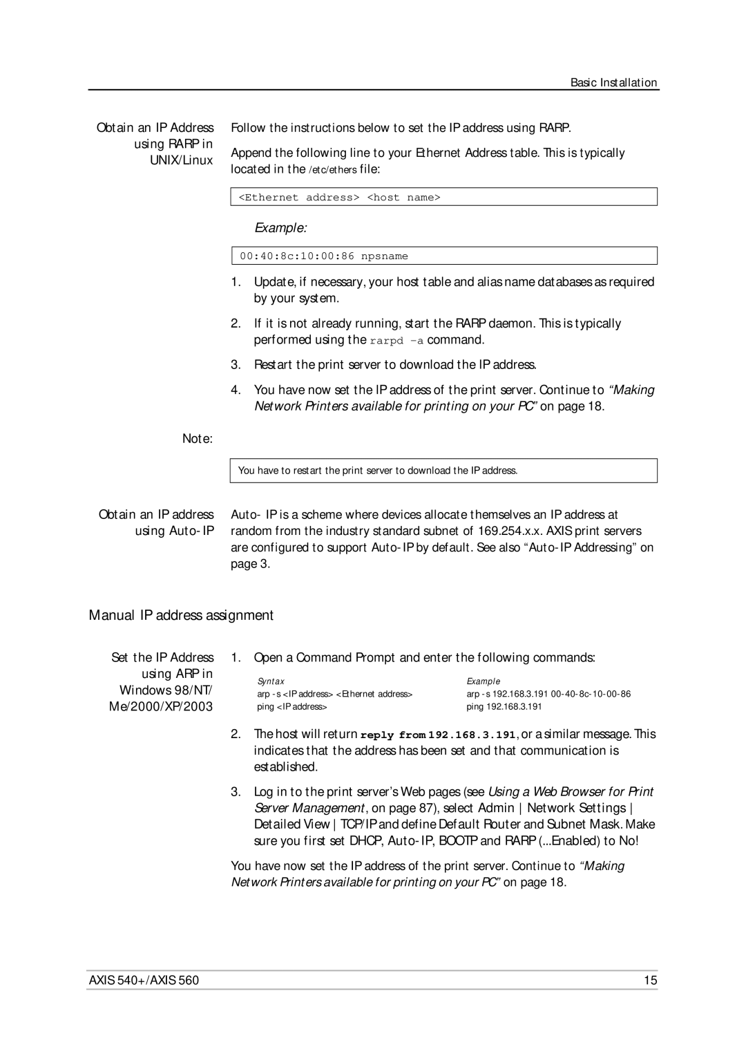 Axis Communications 560, 540+ Manual IP address assignment, Using Rarp UNIX/Linux, Using ARP Windows 98/NT Me/2000/XP/2003 