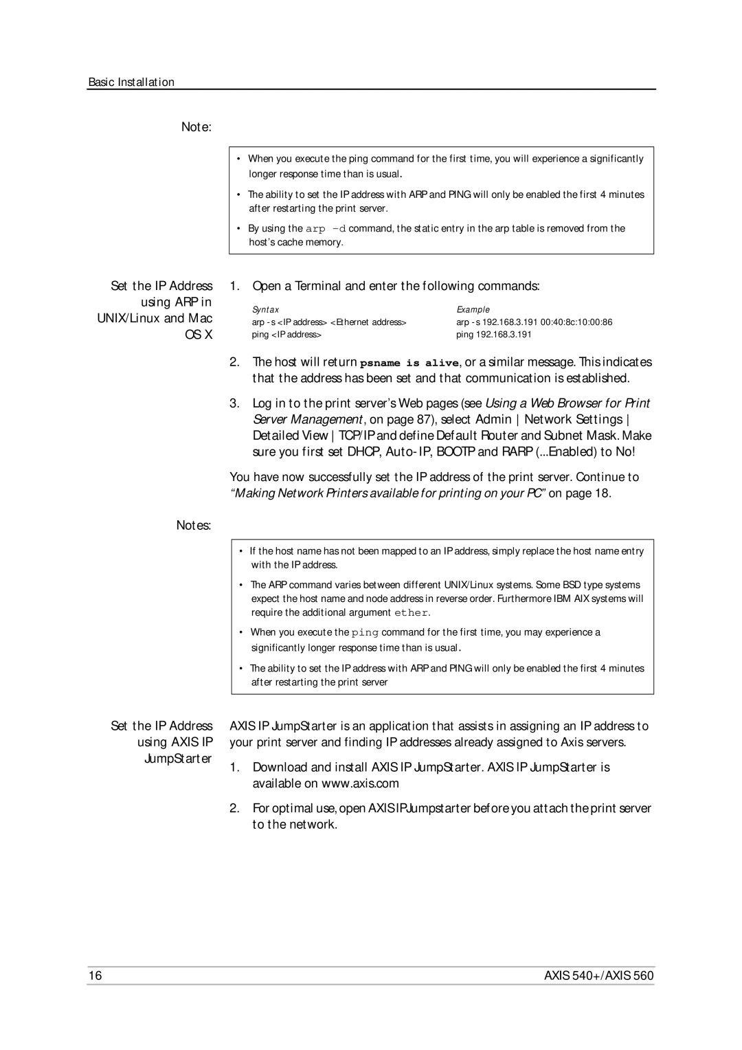 Axis Communications 540+, 560 user manual Using ARP UNIX/Linux and Mac, Open a Terminal and enter the following commands 