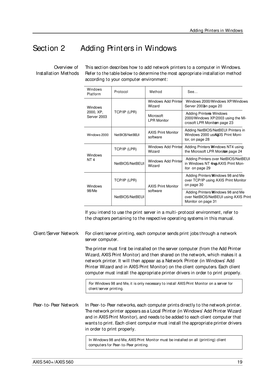 Axis Communications 560, 540+ user manual Adding Printers in Windows, According to your computer environment 