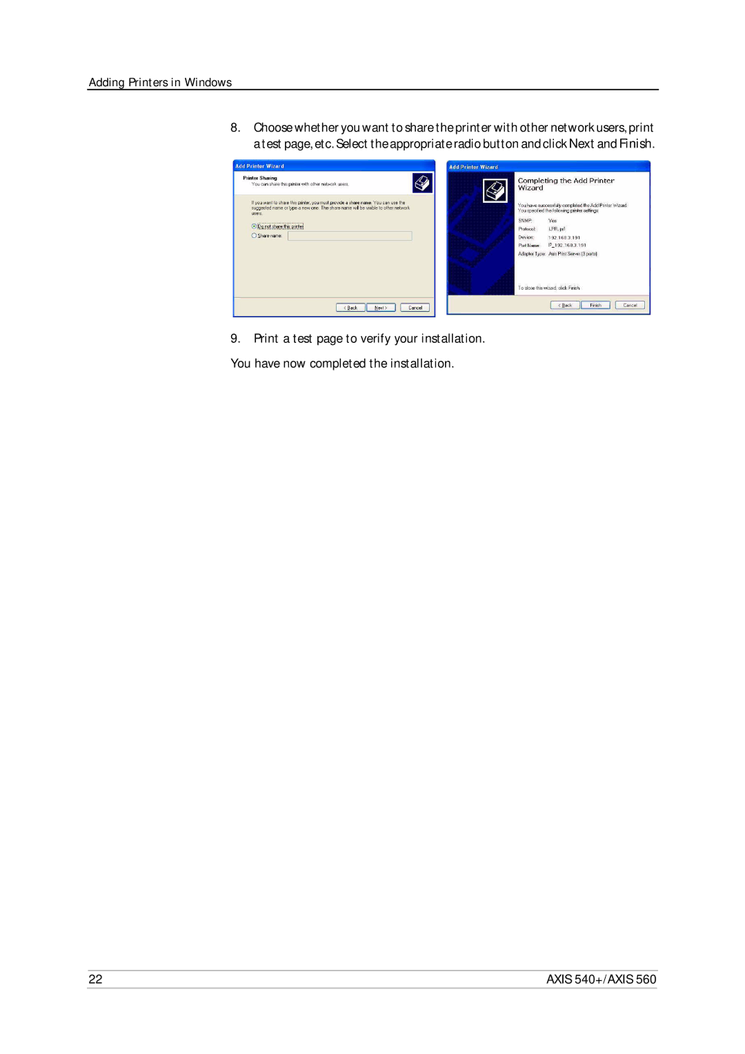 Axis Communications 540+, 560 user manual Adding Printers in Windows 