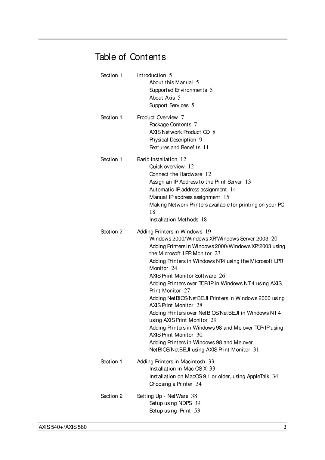 Axis Communications 560, 540+ user manual Table of Contents 