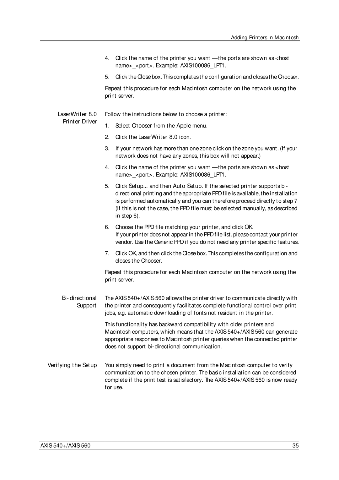 Axis Communications 560, 540+ user manual Bi-directional Support Verifying the Setup, Click the LaserWriter 8.0 icon 