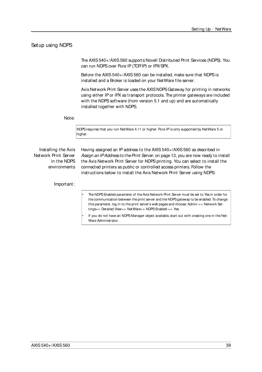 Axis Communications 560, 540+ user manual Setup using Ndps 