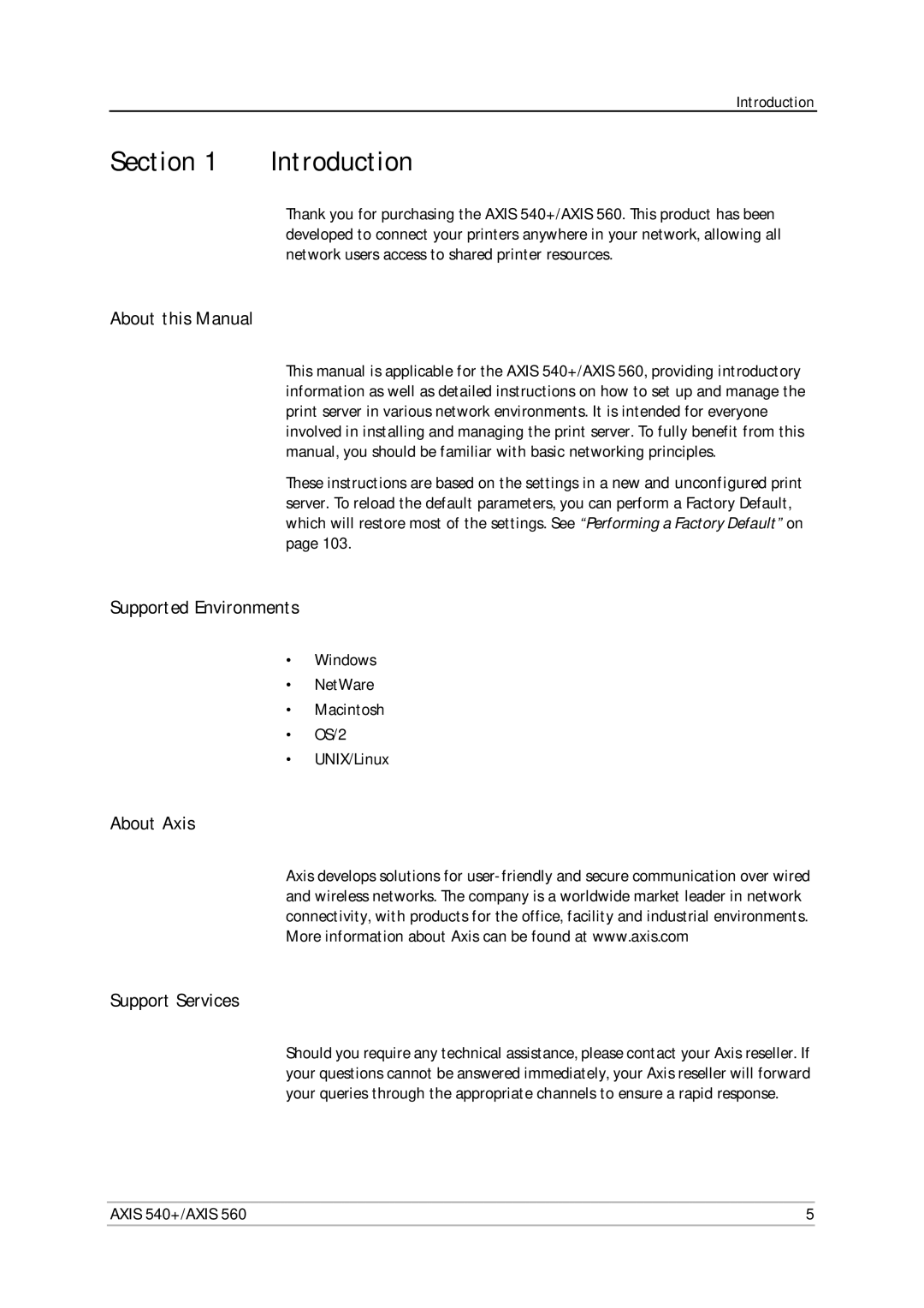 Axis Communications 560, 540+ user manual Section, About this Manual, Supported Environments, About Axis Support Services 