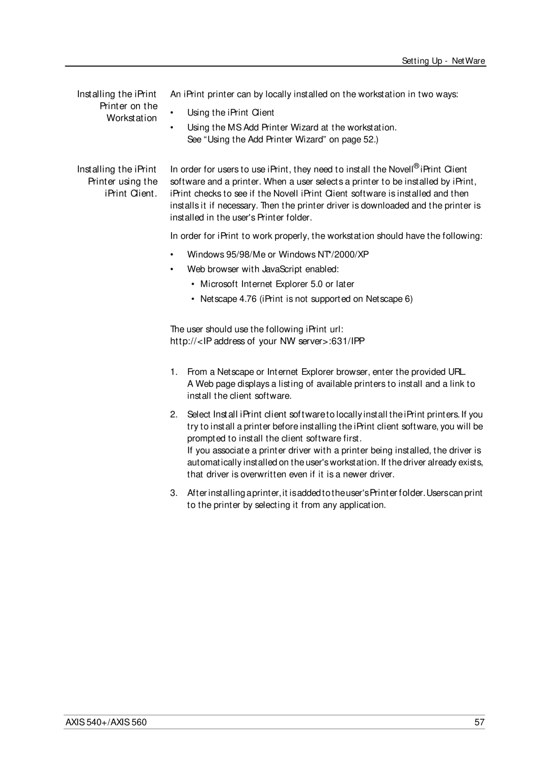 Axis Communications 560, 540+ Installing the iPrint Printer on Workstation, Http//IP address of your NW server631/IPP 