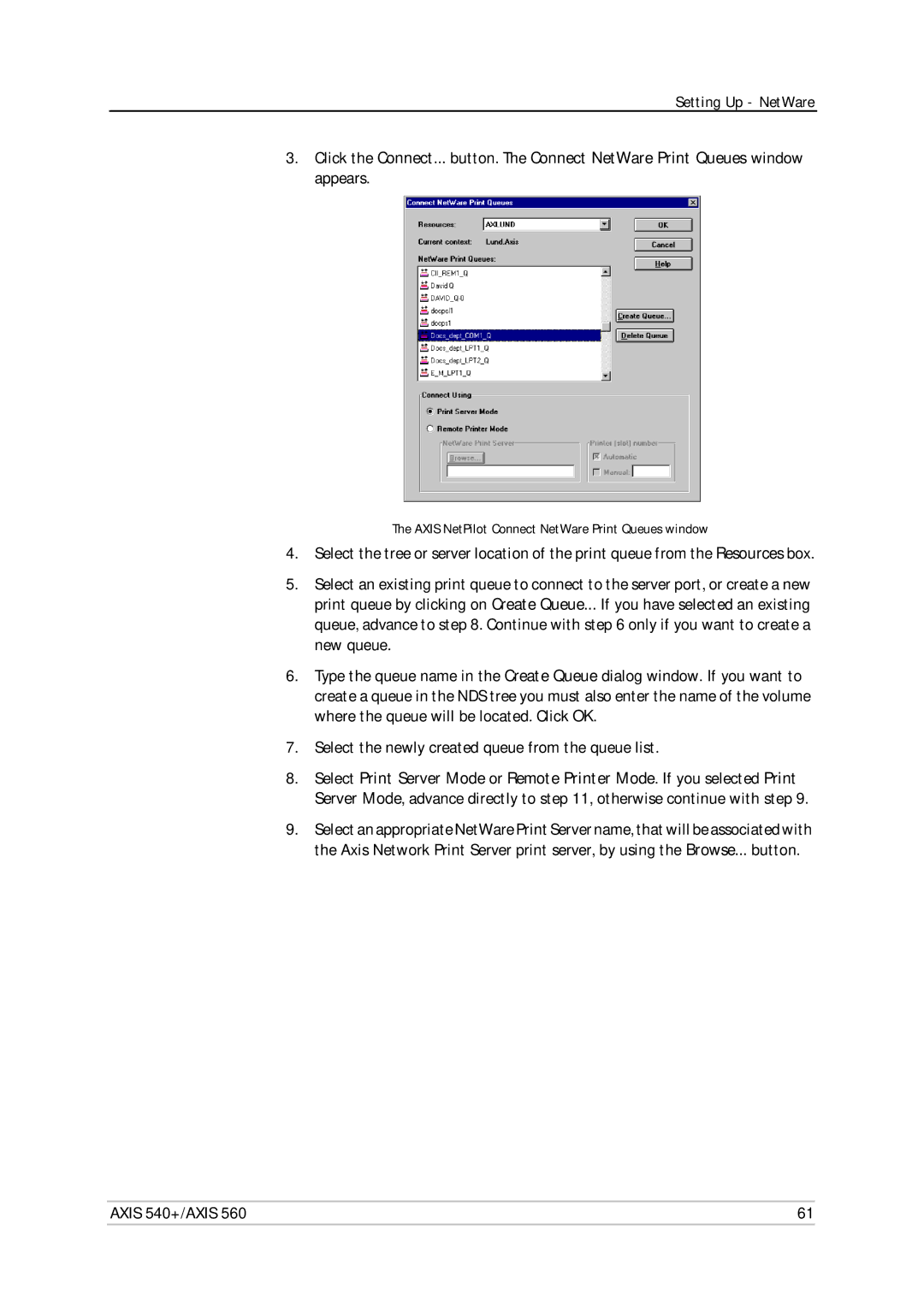 Axis Communications 560, 540+ user manual Axis NetPilot Connect NetWare Print Queues window 