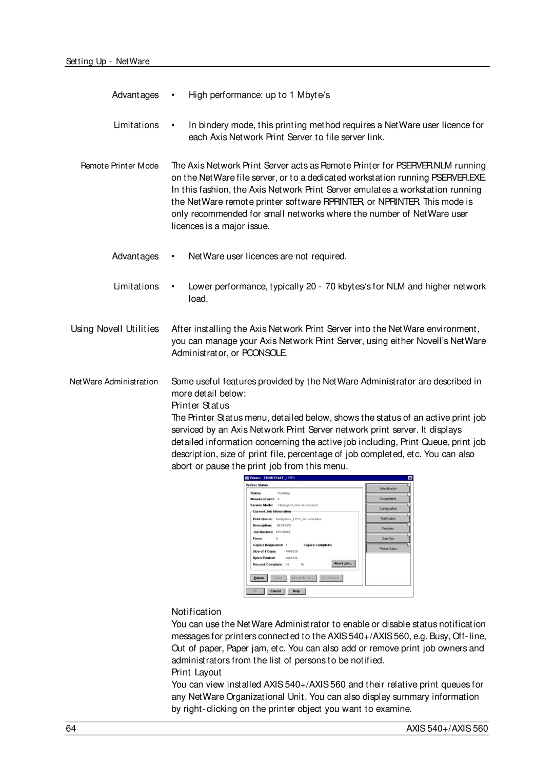 Axis Communications 540+, 560 user manual Printer Status, Notification, Print Layout 