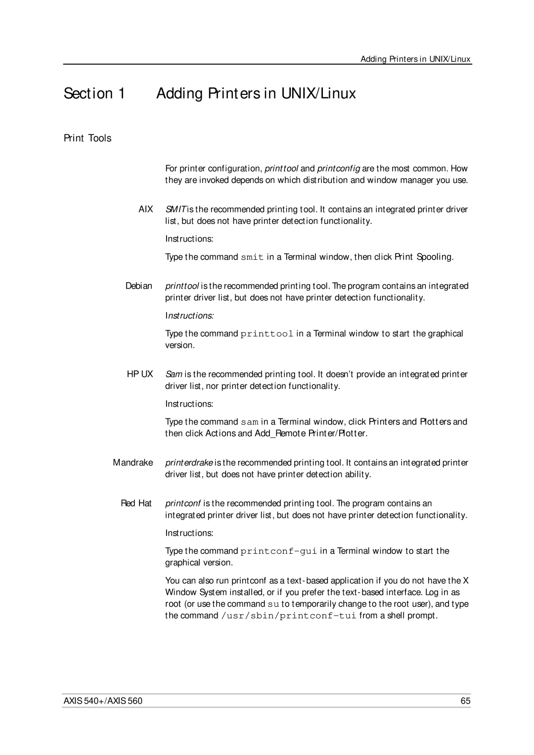 Axis Communications 560, 540+ user manual Adding Printers in UNIX/Linux, Print Tools 