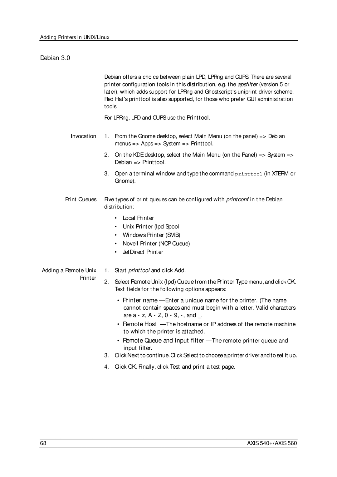 Axis Communications 540+, 560 user manual Debian, Invocation Print Queues 