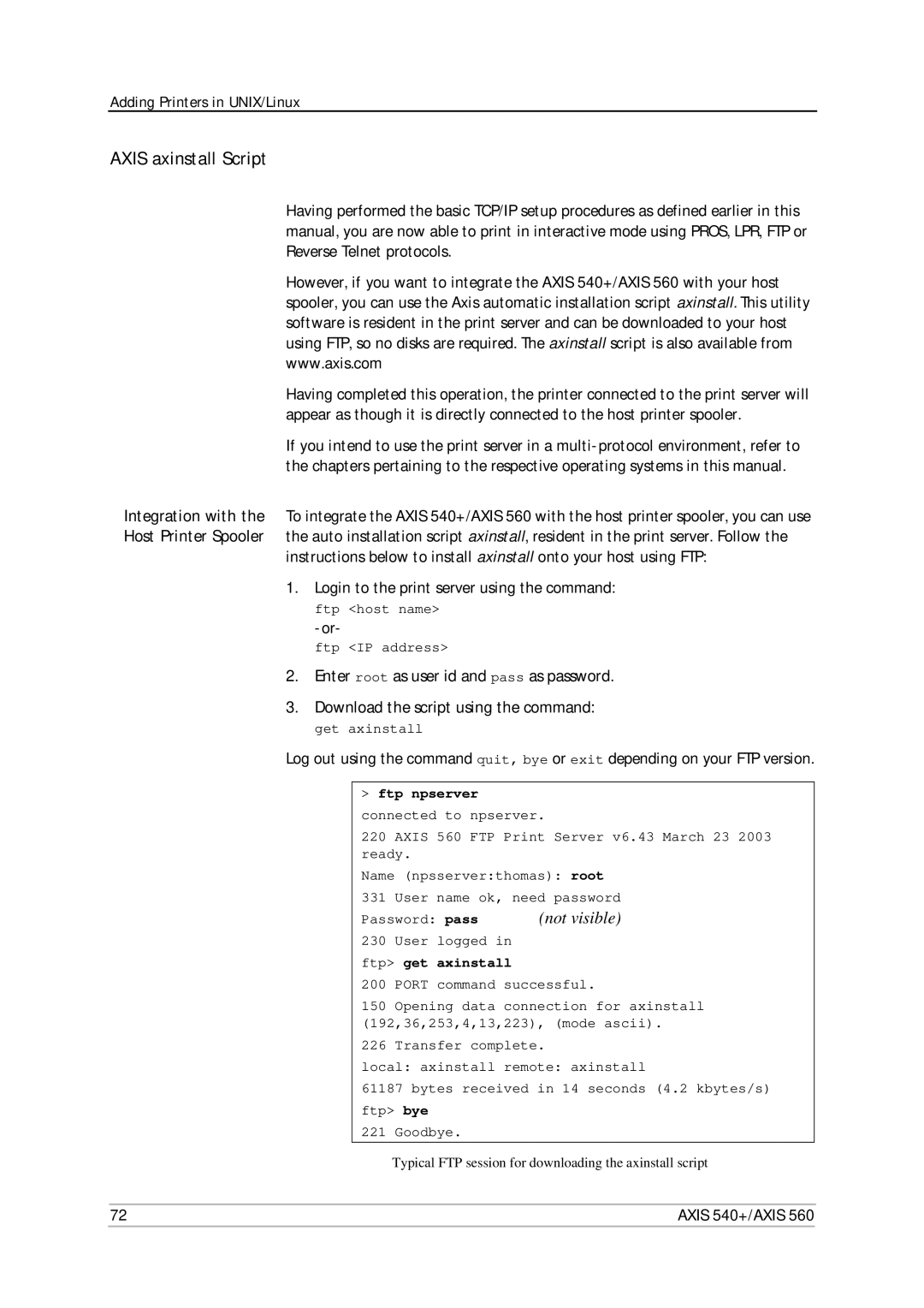 Axis Communications 540+, 560 user manual Axis axinstall Script, Ftp npserver 