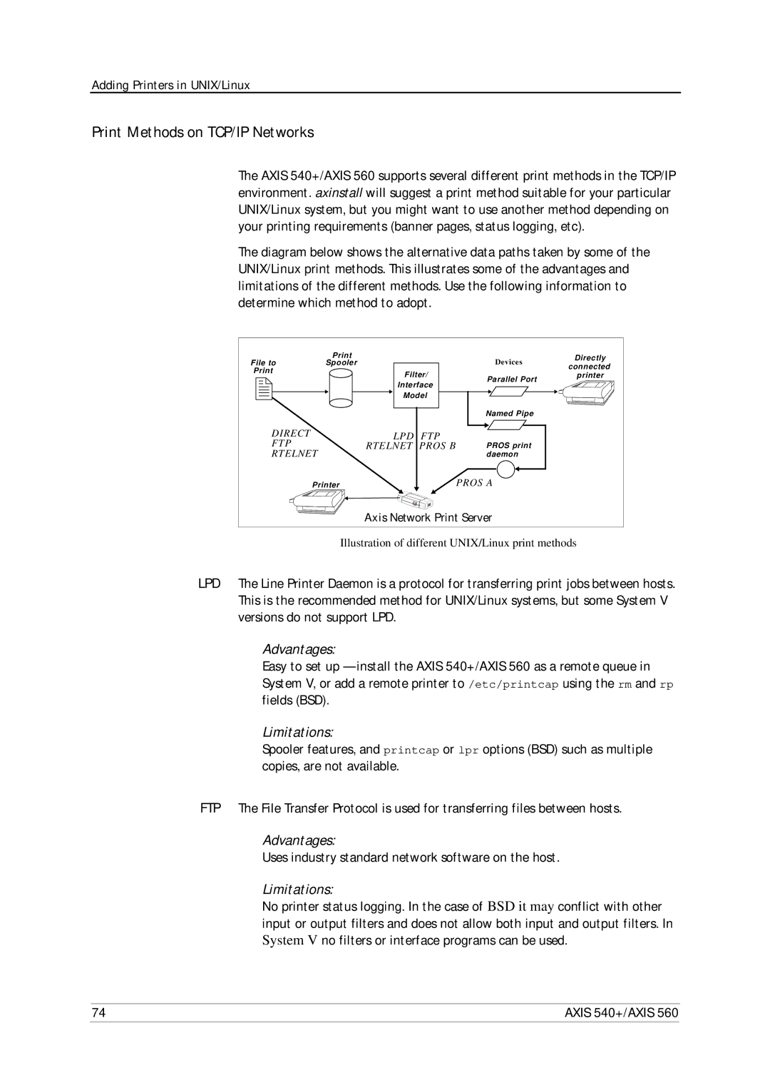 Axis Communications 540+, 560 Print Methods on TCP/IP Networks, Uses industry standard network software on the host 