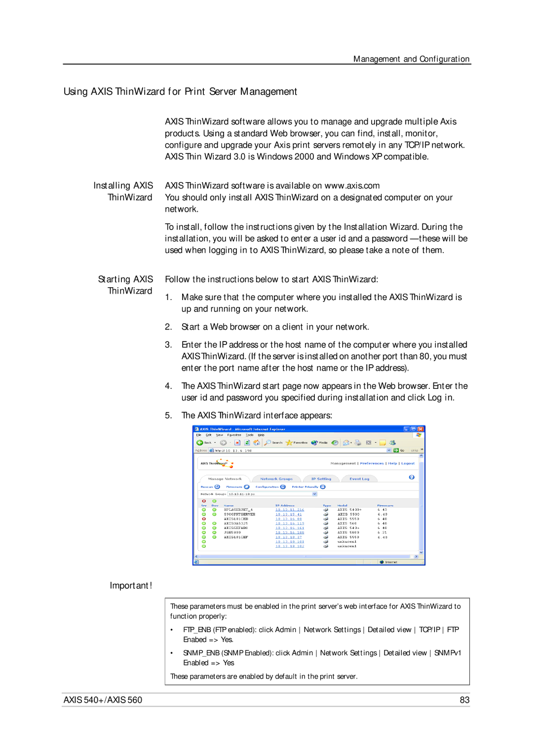 Axis Communications 560, 540+ Using Axis ThinWizard for Print Server Management, Axis ThinWizard interface appears 