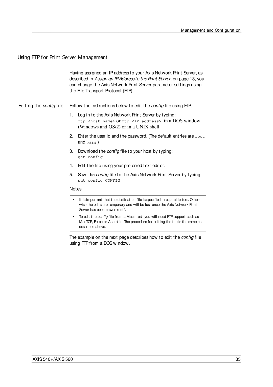 Axis Communications 560, 540+ user manual Using FTP for Print Server Management, Put config Config 