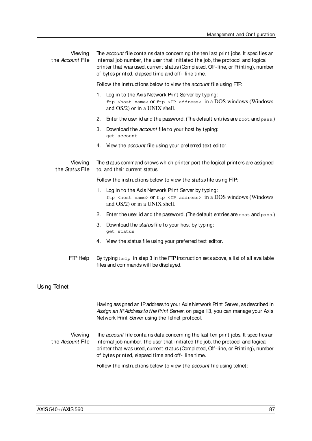 Axis Communications 560, 540+ user manual Using Telnet, Network Print Server using the Telnet protocol 