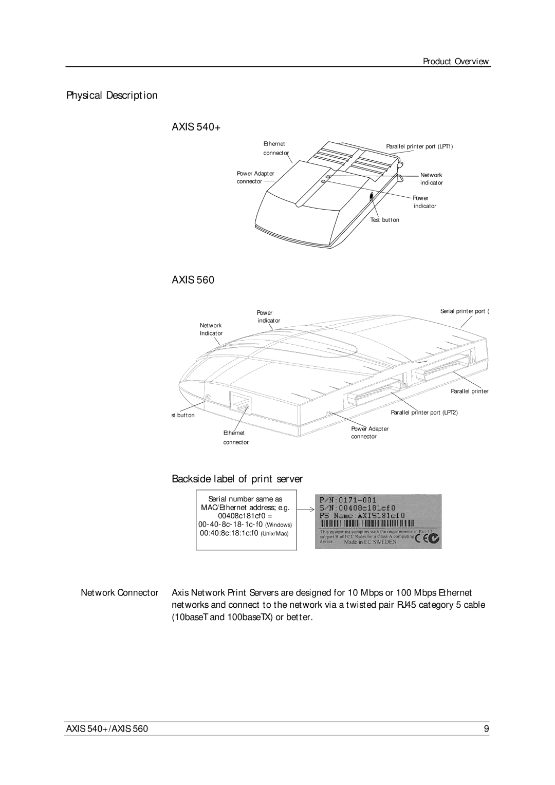 Axis Communications 560 user manual Physical Description Axis 540+, Backside label of print server 