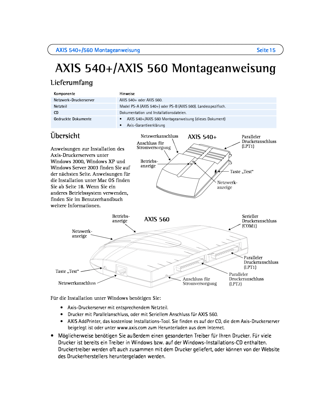 Axis Communications AXIS 540+/AXIS 560 Montageanweisung, Lieferumfang, Übersicht, AXIS 540+/560 Montageanweisung, Axis 
