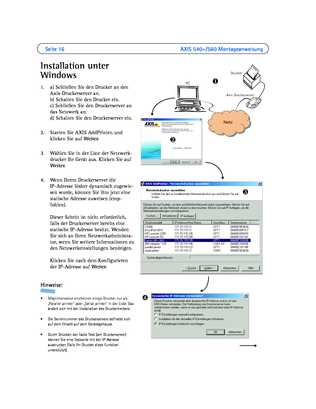Axis Communications manual Installation unter Windows, Seite, Hinweise, ❶ ❷ ❸, AXIS 540+/560 Montageanweisung 