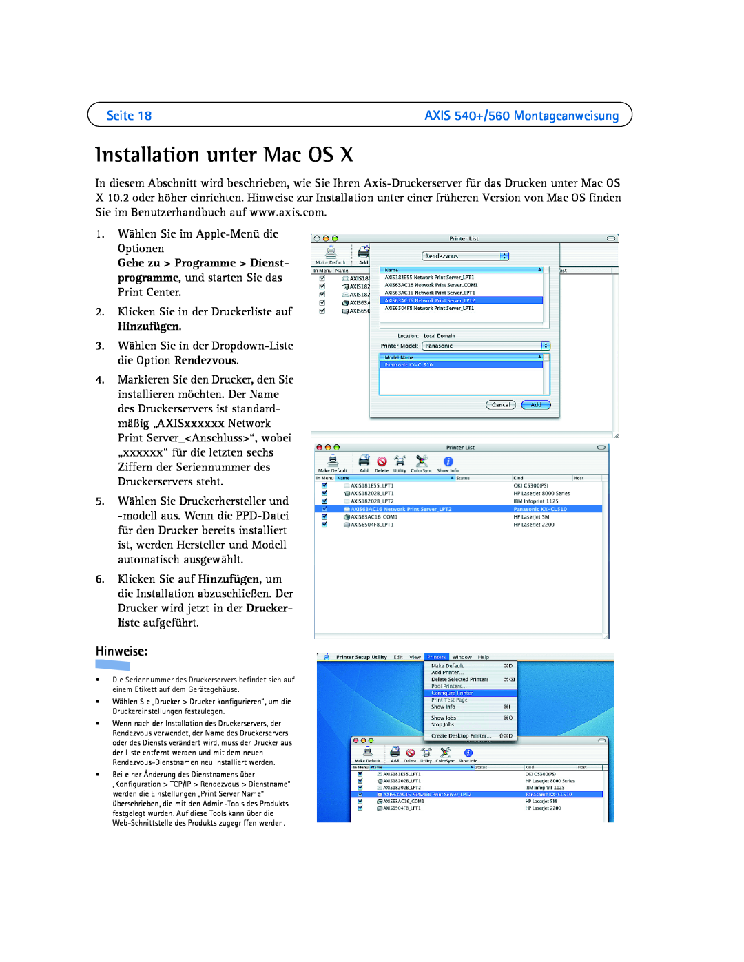 Axis Communications 540+, 560 manual Installation unter Mac OS, Seite, Hinweise, 1. Wählen Sie im Apple-Menü die Optionen 