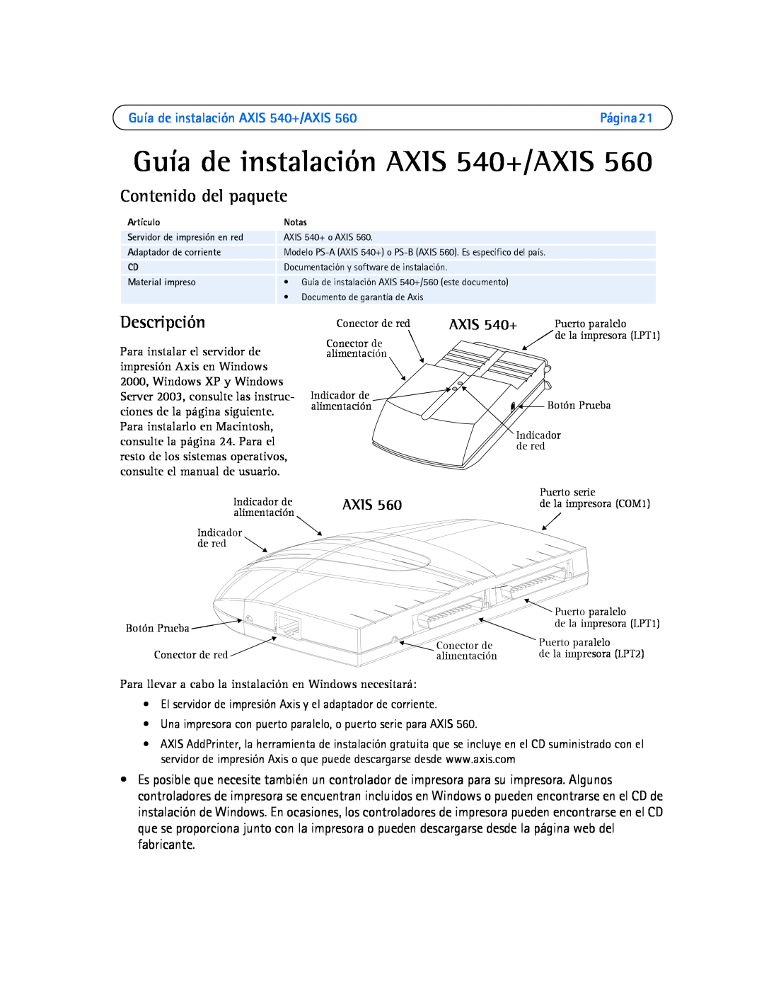 Axis Communications 560 manual Guía de instalación AXIS 540+/AXIS, Contenido del paquete, Descripción, Axis, Página 