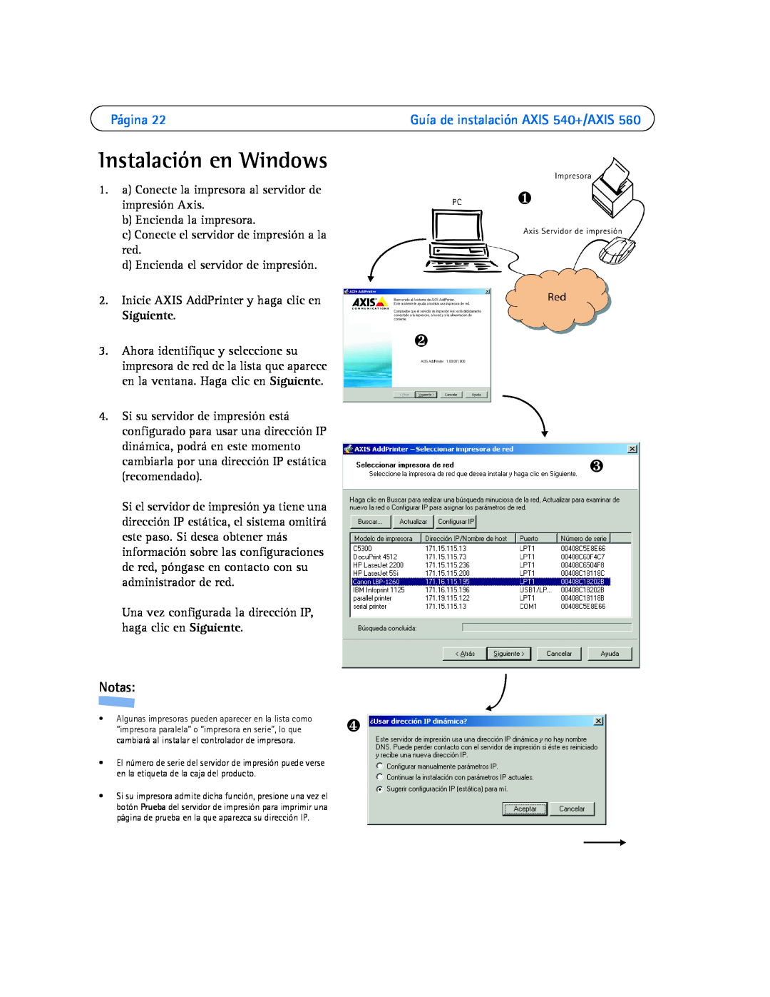Axis Communications 560 manual Instalación en Windows, Página, Notas, ❶ ❷ ❸, Guía de instalación AXIS 540+/AXIS 