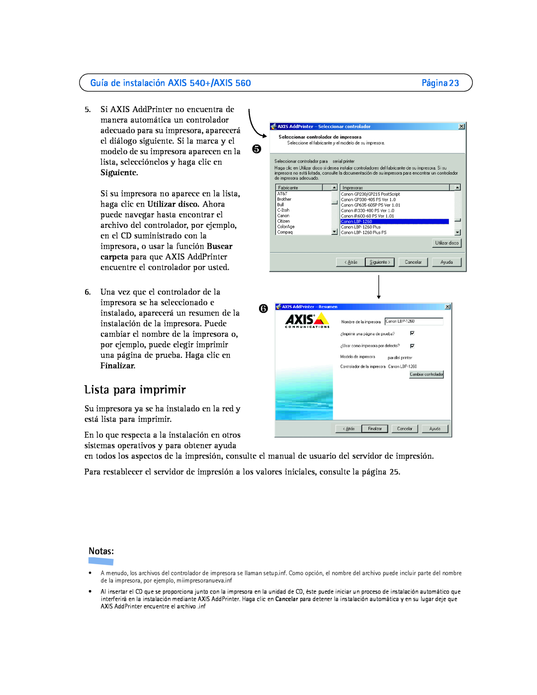 Axis Communications 560 manual Lista para imprimir, Guía de instalación AXIS 540+/AXIS, Notas 