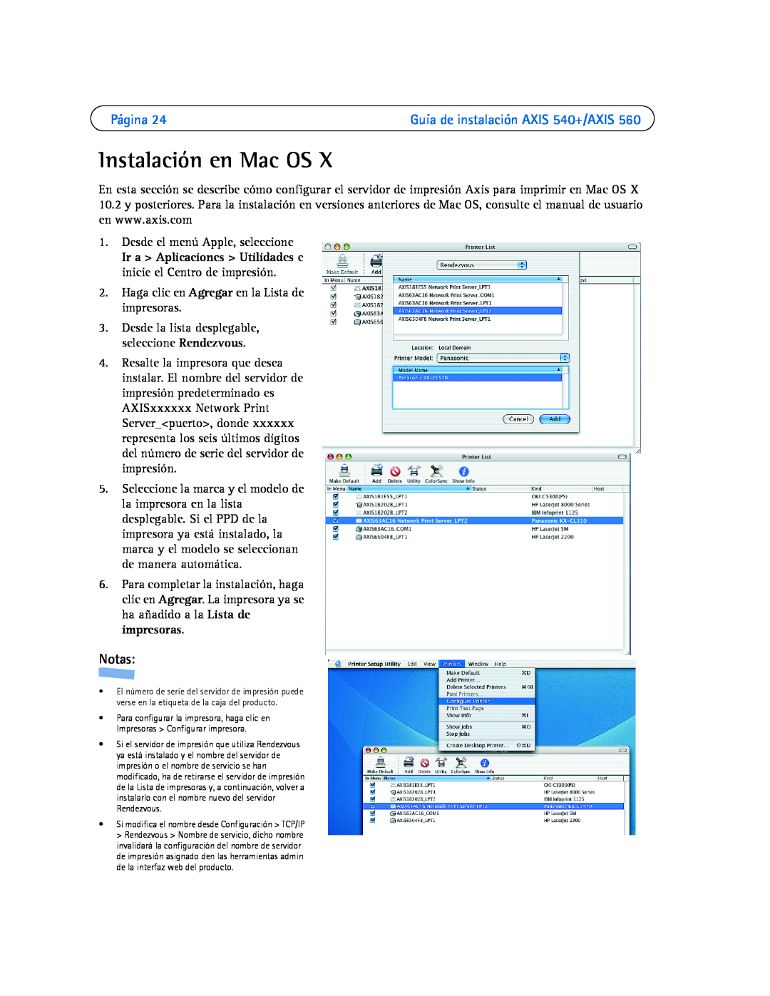 Axis Communications 540+, 560 manual Instalación en Mac OS, Página, Notas 