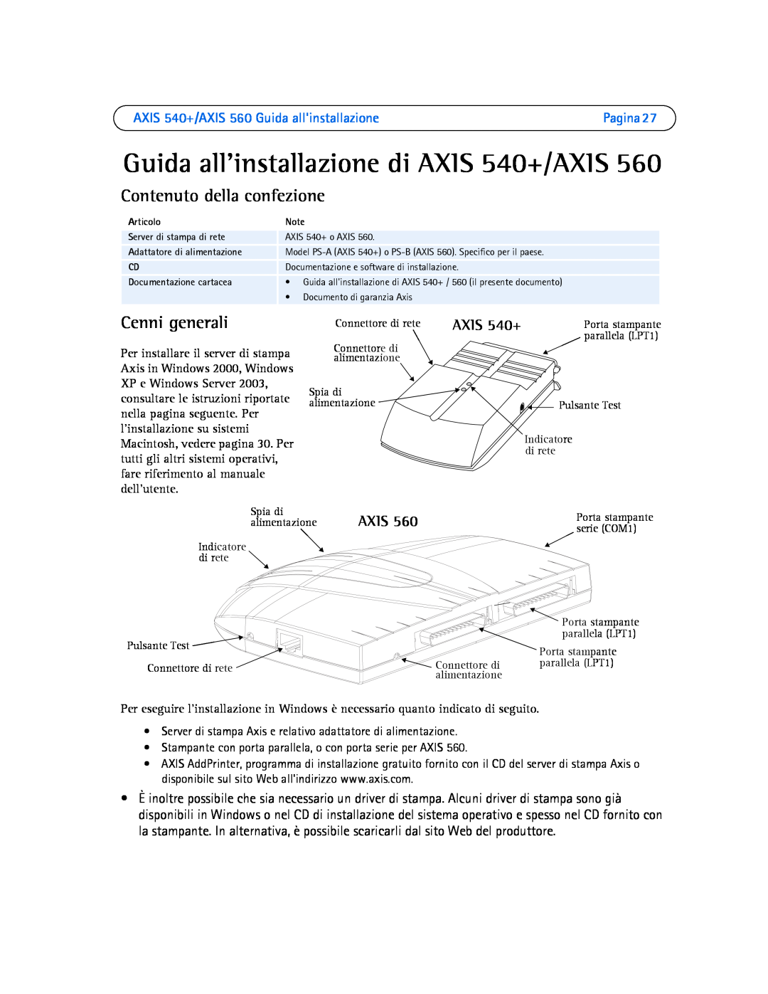 Axis Communications manual Contenuto della confezione, Cenni generali, AXIS 540+/AXIS 560 Guida allinstallazione, Axis 