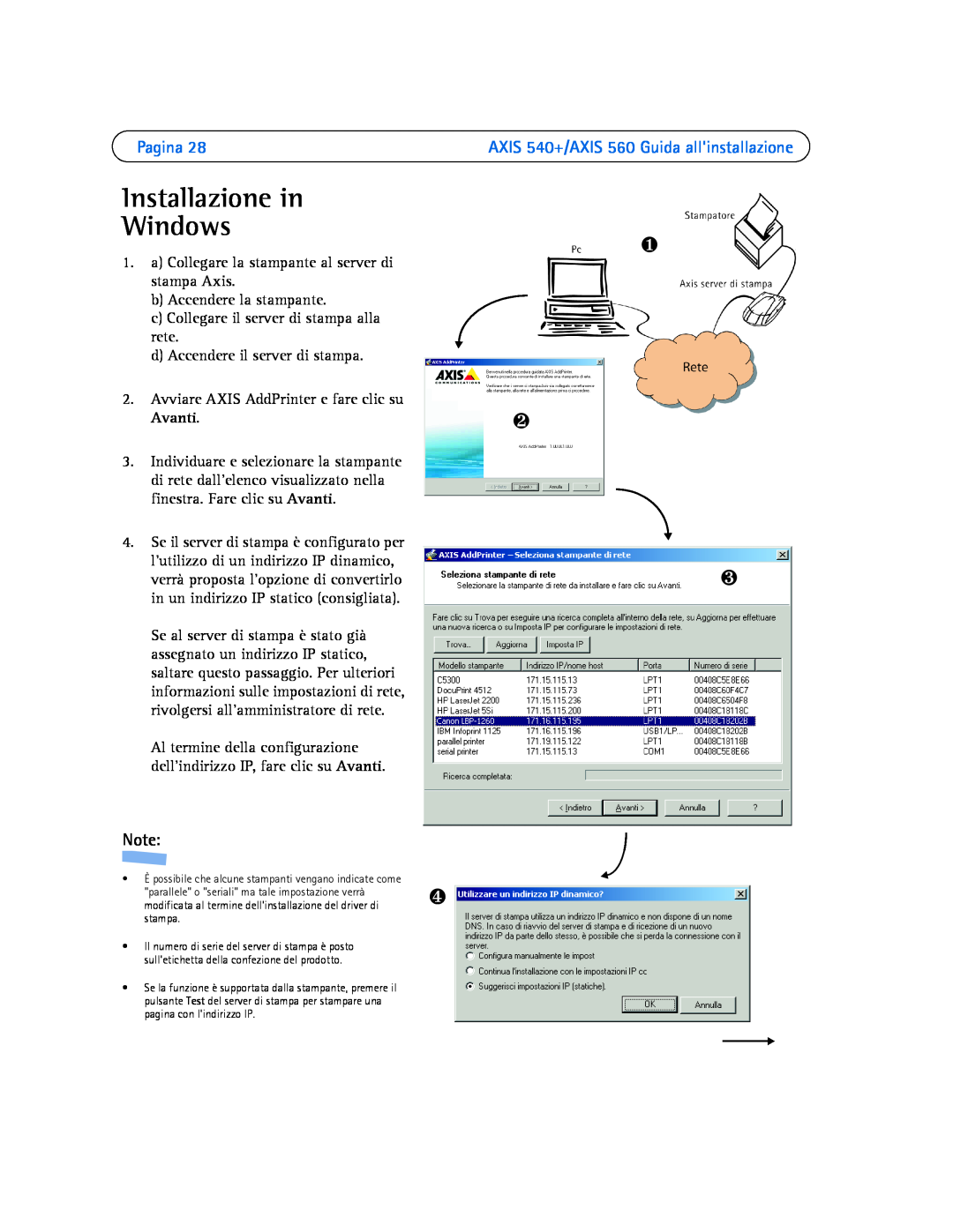 Axis Communications manual Installazione in Windows, Pagina, ❶ ❷ ❸, AXIS 540+/AXIS 560 Guida allinstallazione 