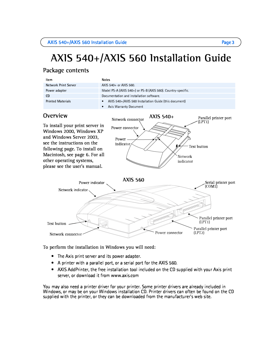 Axis Communications manual AXIS 540+/AXIS 560 Installation Guide, Package contents, Overview, Axis 
