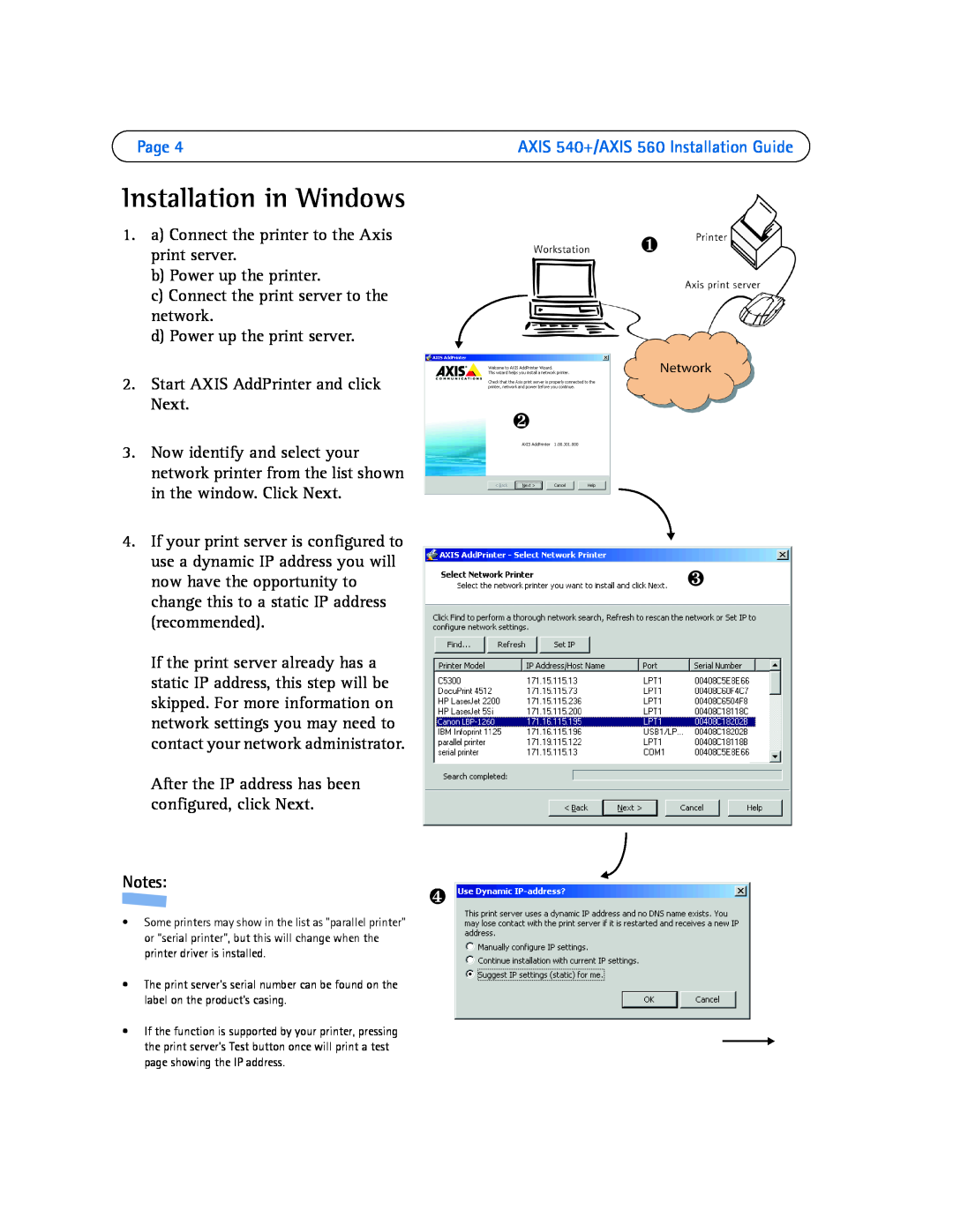 Axis Communications manual Installation in Windows, ❶ ❷ ❸, Page, AXIS 540+/AXIS 560 Installation Guide 