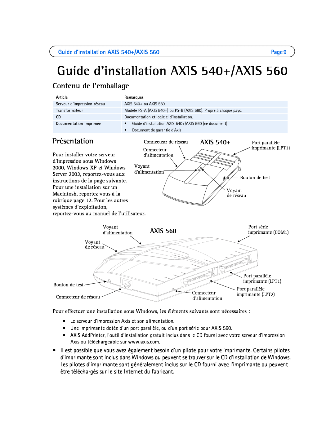 Axis Communications 560 manual Guide d’installation AXIS 540+/AXIS, Contenu de l’emballage, Présentation, Axis 