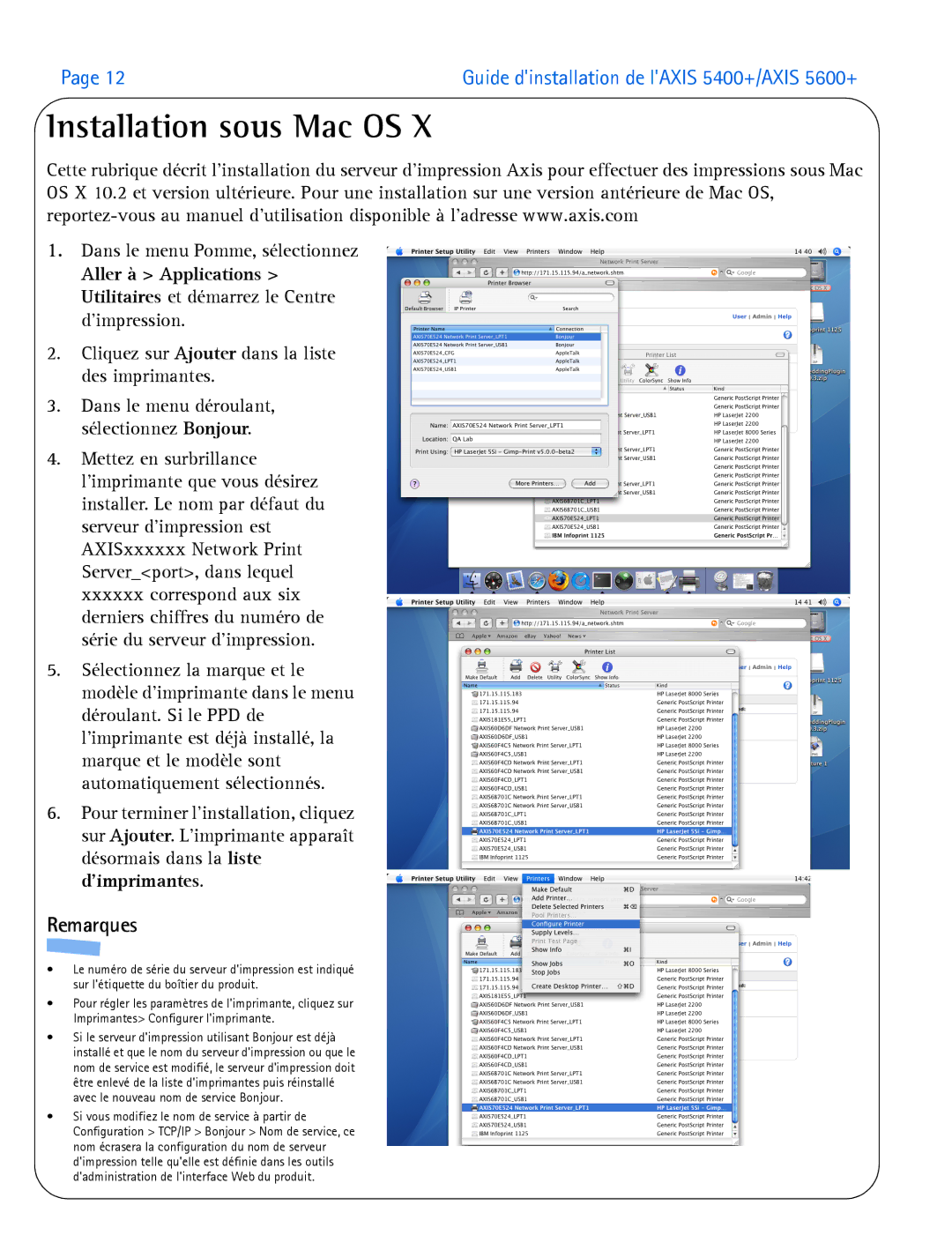 Axis Communications 5400+, 5600+ manual Installation sous Mac OS 