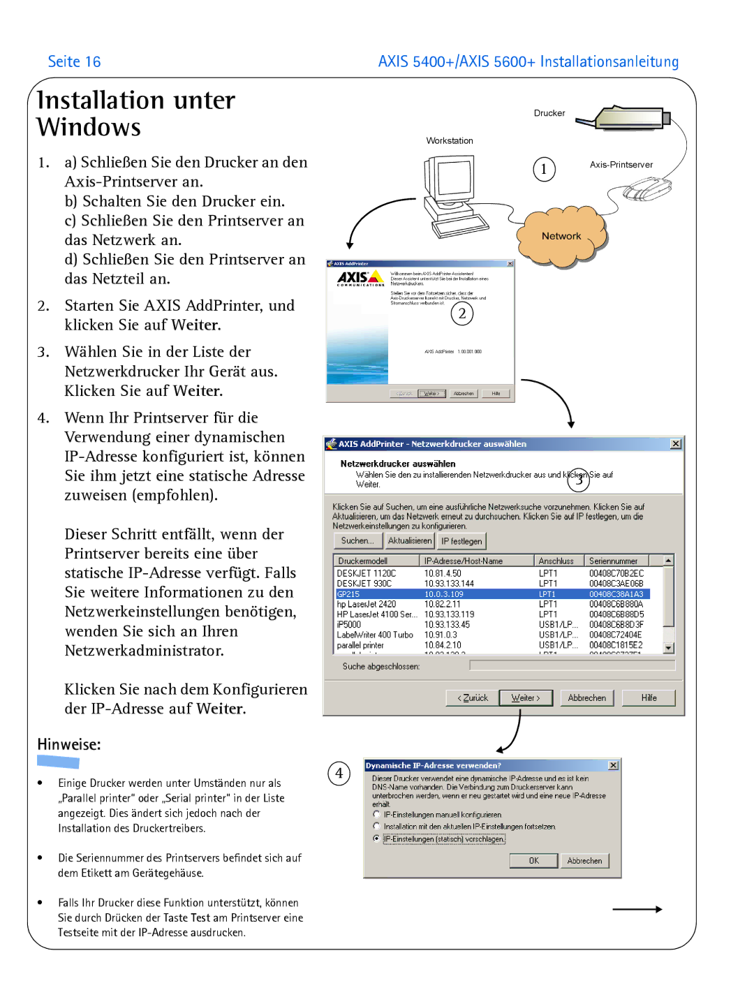 Axis Communications 5400+, 5600+ manual Installation unter Windows, Hinweise 