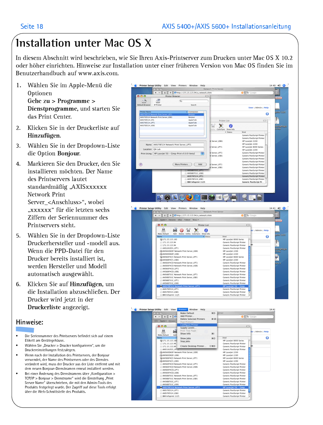 Axis Communications 5400+, 5600+ manual Installation unter Mac OS 