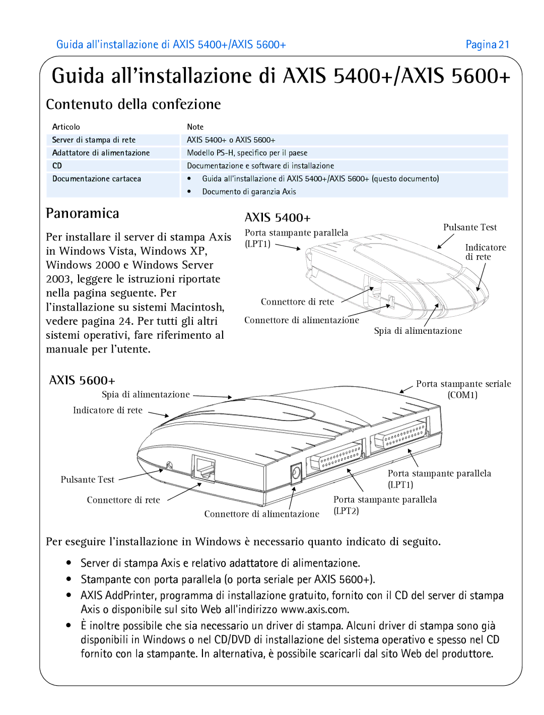 Axis Communications 5600+, 5400+ manual Contenuto della confezione, Panoramica 