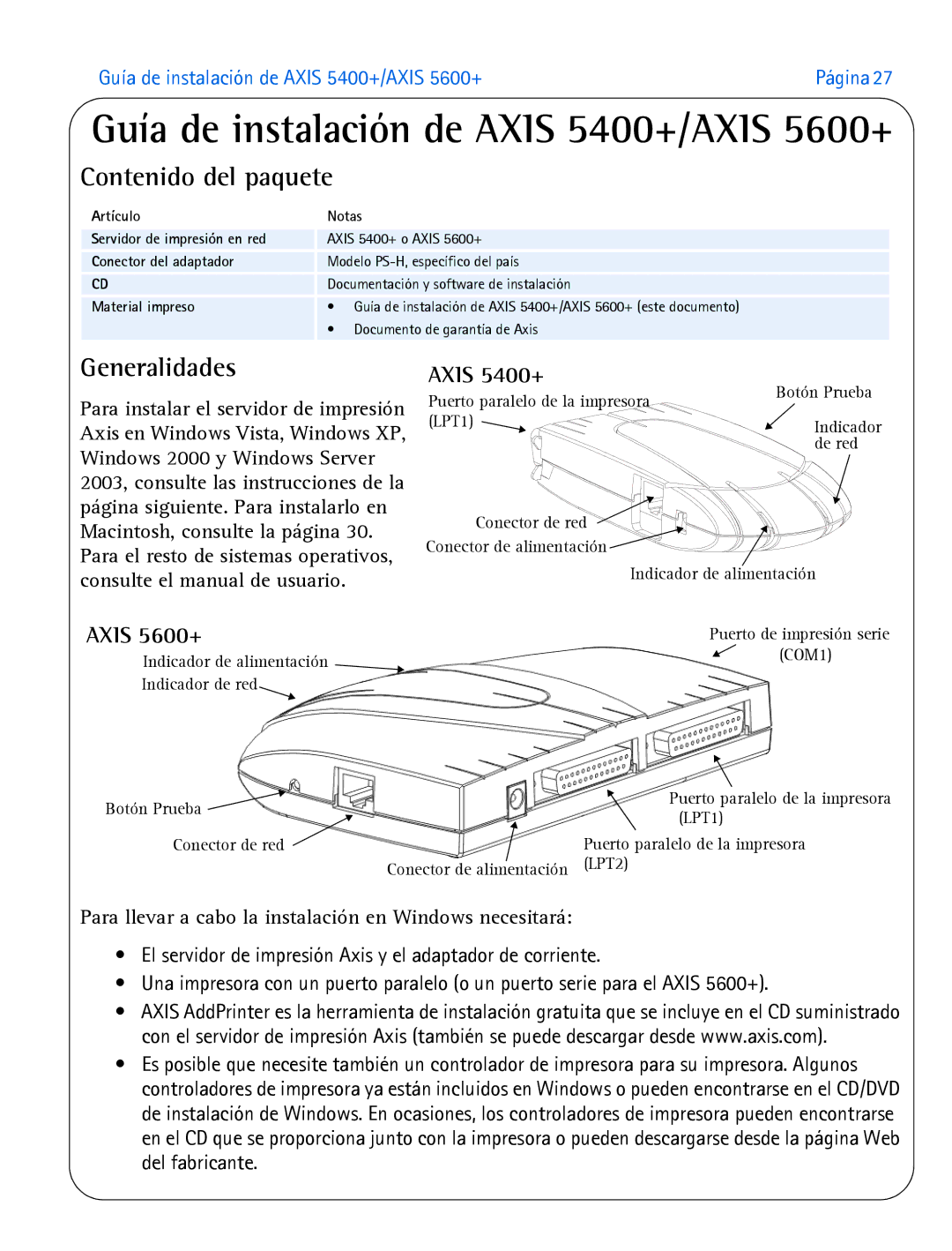 Axis Communications 5600+, 5400+ manual Contenido del paquete, Generalidades 