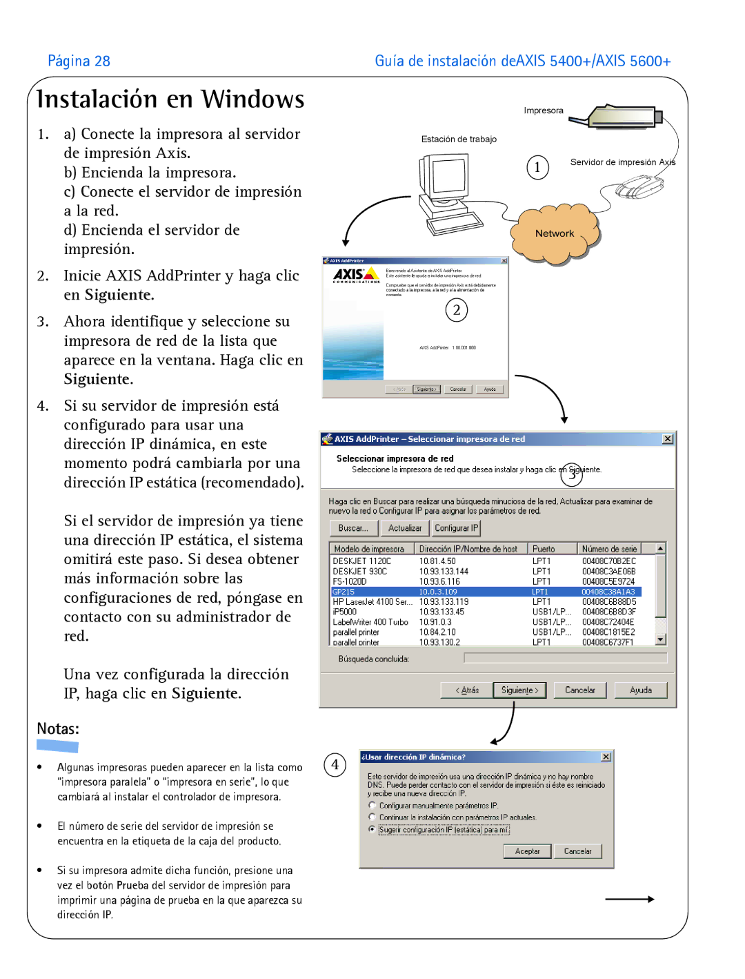 Axis Communications 5400+, 5600+ manual Instalación en Windows, Notas 