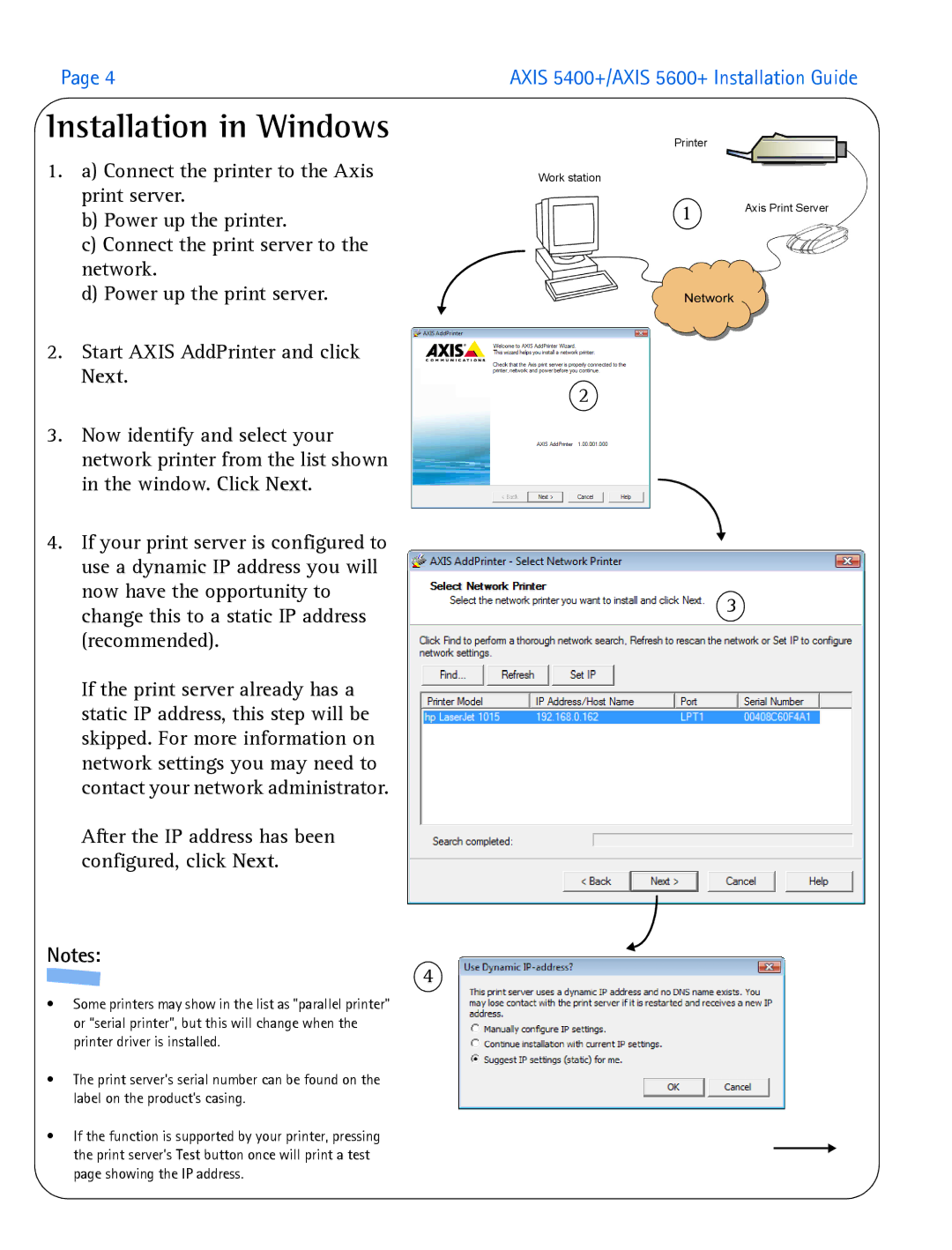 Axis Communications 5400+, 5600+ manual Installation in Windows, After the IP address has been configured, click Next 