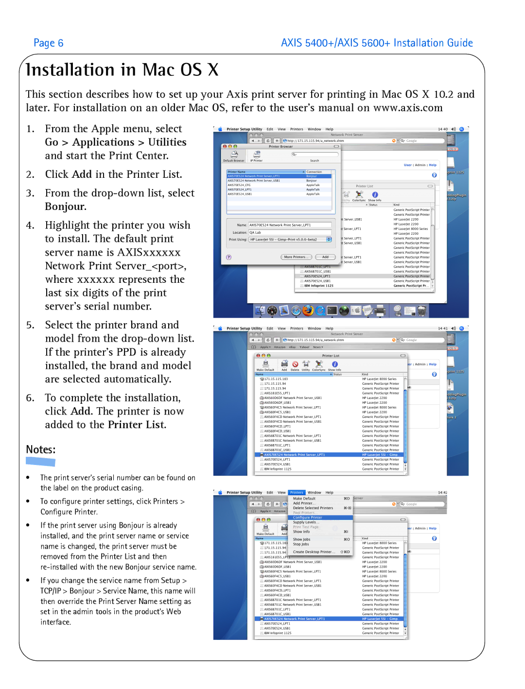 Axis Communications 5400+, 5600+ manual Installation in Mac OS 