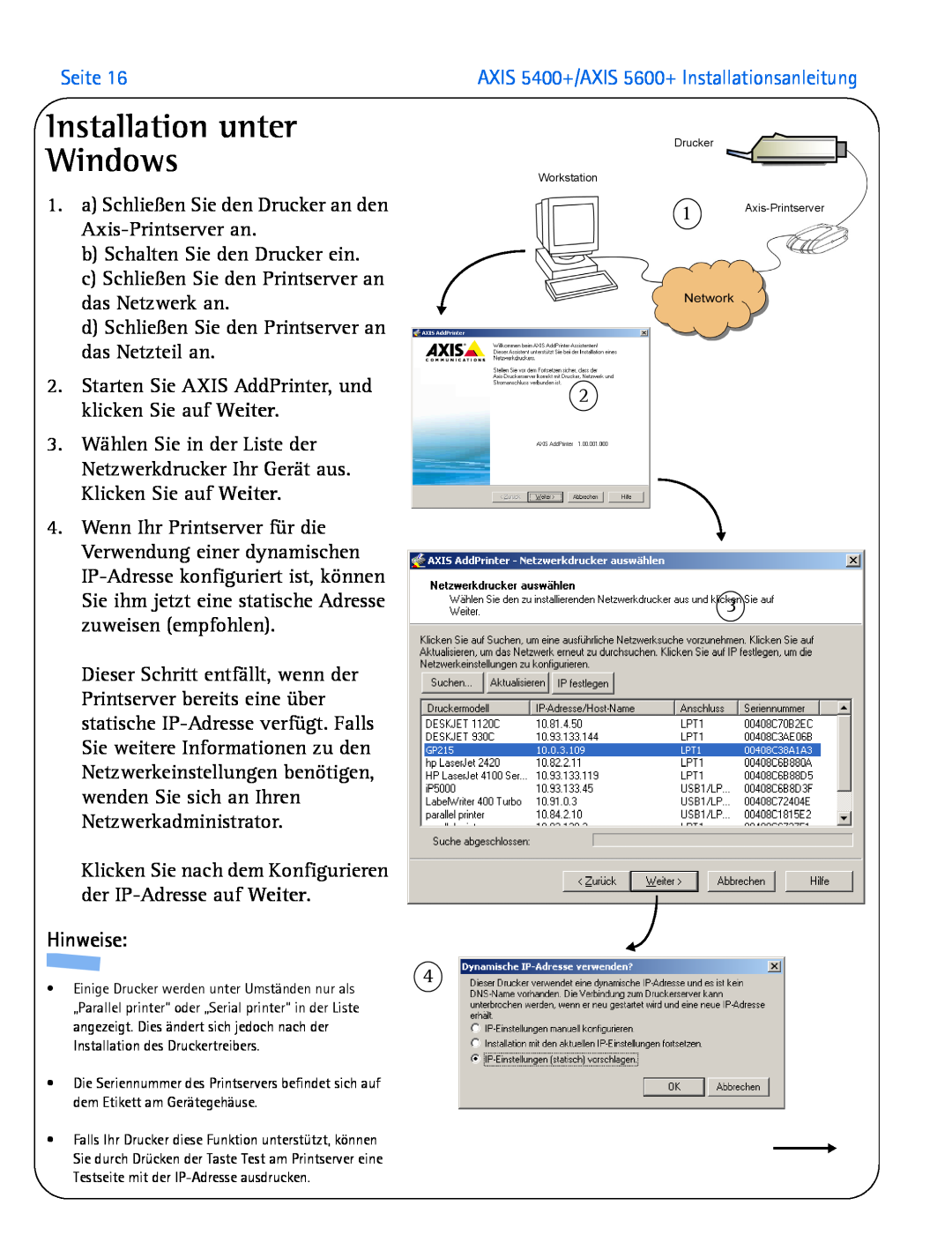 Axis Communications manual Installation unter Windows, Seite, Hinweise, AXIS 5400+/AXIS 5600+ Installationsanleitung 