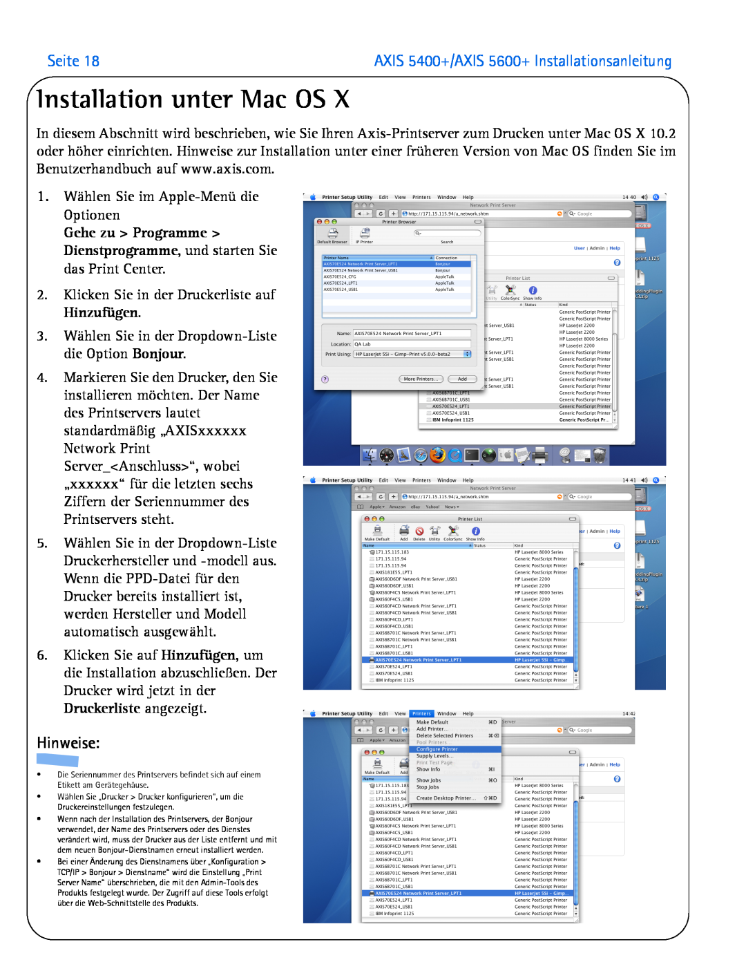 Axis Communications manual Installation unter Mac OS, Seite, Hinweise, AXIS 5400+/AXIS 5600+ Installationsanleitung 