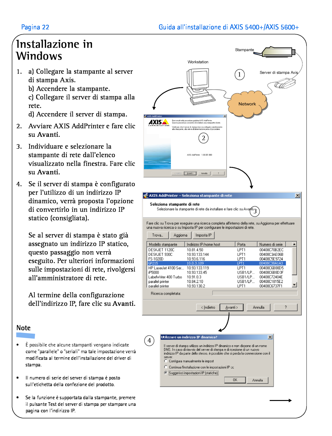 Axis Communications 5400+, 5600+ manual Installazione in Windows, Pagina, a Collegare la stampante al server di stampa Axis 