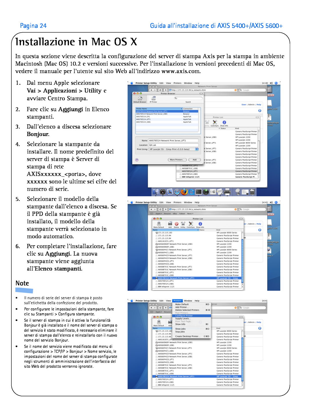 Axis Communications manual Installazione in Mac OS, Pagina, Guida allinstallazione di AXIS 5400+/AXIS 5600+ 